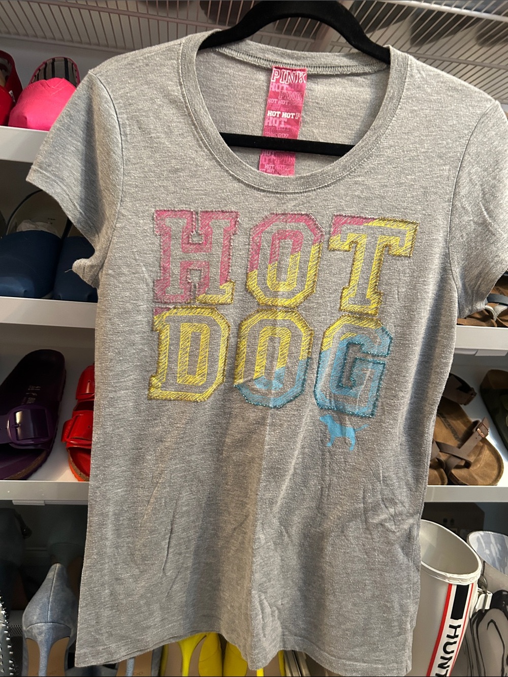 PINK Victoria's Secret Gray Tee with Pink, Yellow & Blue 'HOT DOG' Graphic